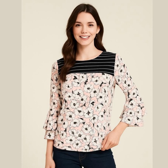 NY Collection Floral Stripe Bell Sleeve Long Sleeve Blouse Size Medium - Picture 1 of 11